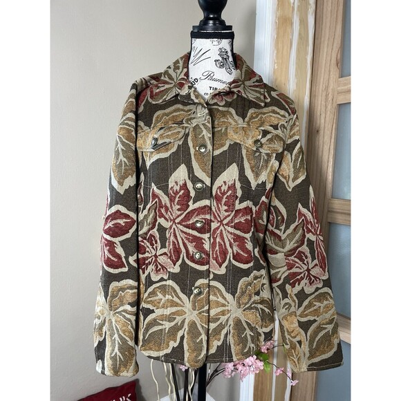 Laura Ashley Womens Jacket Medium Brown Floral Button Front Pockets Collar - Picture 1 of 9